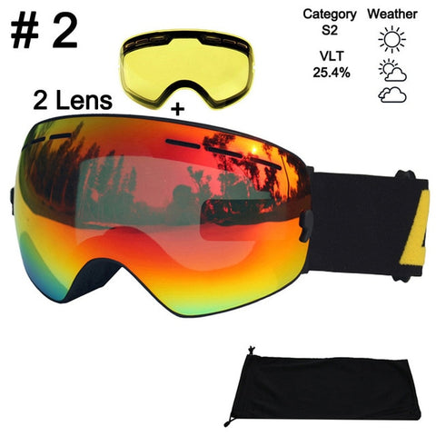 LOCLE Anti-fog Ski Goggles UV400 Ski Glasses Double Lens Skiing Snowboard Snow Goggles Ski Eyewear With One Brightening Lens