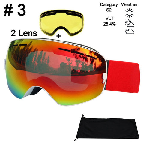 LOCLE Anti-fog Ski Goggles UV400 Ski Glasses Double Lens Skiing Snowboard Snow Goggles Ski Eyewear With One Brightening Lens