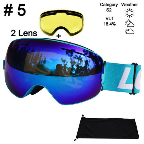 LOCLE Anti-fog Ski Goggles UV400 Ski Glasses Double Lens Skiing Snowboard Snow Goggles Ski Eyewear With One Brightening Lens