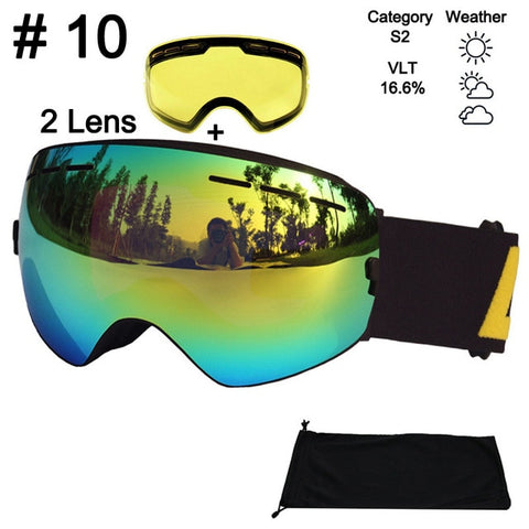 LOCLE Anti-fog Ski Goggles UV400 Ski Glasses Double Lens Skiing Snowboard Snow Goggles Ski Eyewear With One Brightening Lens