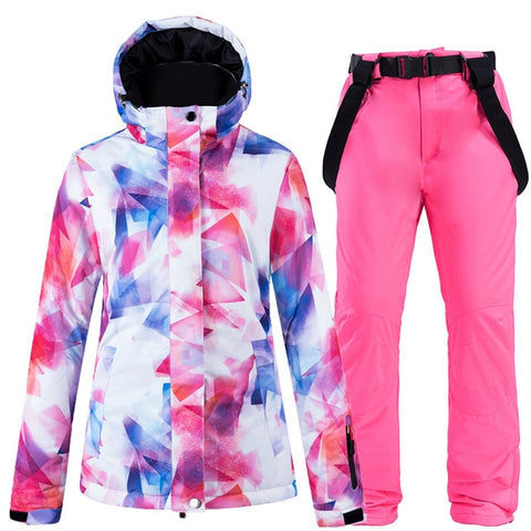 New Colorful Snow Suit Wear Women's Snowboard Clothing Winter Waterproof Thicken Costumes Outdoor Ski Jacket + Snow bibs Pants