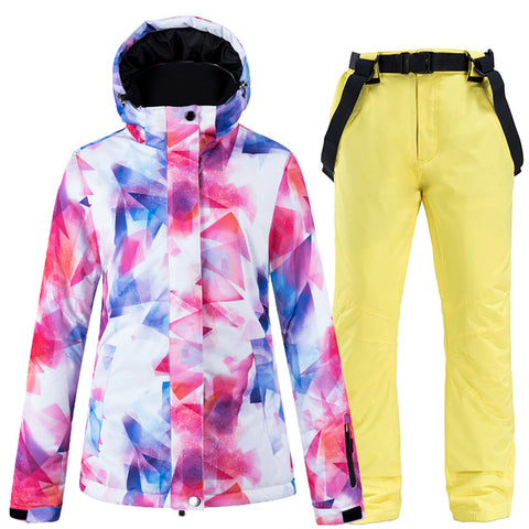 New Colorful Snow Suit Wear Women's Snowboard Clothing Winter Waterproof Thicken Costumes Outdoor Ski Jacket + Snow bibs Pants