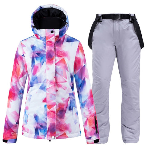 New Colorful Snow Suit Wear Women's Snowboard Clothing Winter Waterproof Thicken Costumes Outdoor Ski Jacket + Snow bibs Pants