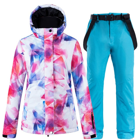 New Colorful Snow Suit Wear Women's Snowboard Clothing Winter Waterproof Thicken Costumes Outdoor Ski Jacket + Snow bibs Pants