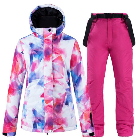 New Colorful Snow Suit Wear Women's Snowboard Clothing Winter Waterproof Thicken Costumes Outdoor Ski Jacket + Snow bibs Pants