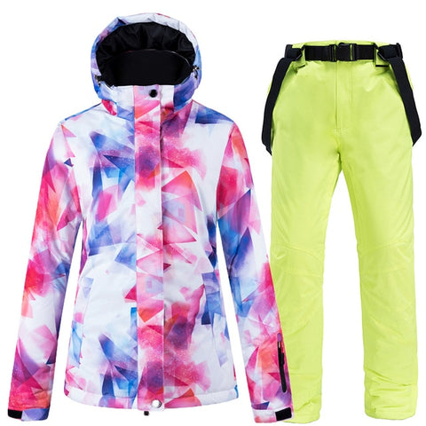 New Colorful Snow Suit Wear Women's Snowboard Clothing Winter Waterproof Thicken Costumes Outdoor Ski Jacket + Snow bibs Pants