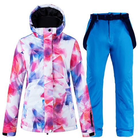 New Colorful Snow Suit Wear Women's Snowboard Clothing Winter Waterproof Thicken Costumes Outdoor Ski Jacket + Snow bibs Pants