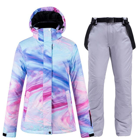 New Colorful Snow Suit Wear Women's Snowboard Clothing Winter Waterproof Thicken Costumes Outdoor Ski Jacket + Snow bibs Pants