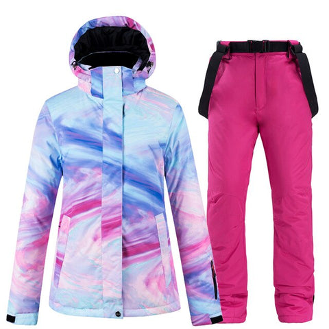 New Colorful Snow Suit Wear Women's Snowboard Clothing Winter Waterproof Thicken Costumes Outdoor Ski Jacket + Snow bibs Pants