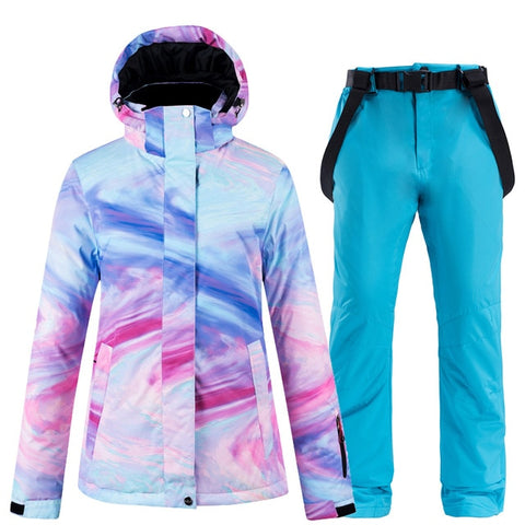 New Colorful Snow Suit Wear Women's Snowboard Clothing Winter Waterproof Thicken Costumes Outdoor Ski Jacket + Snow bibs Pants