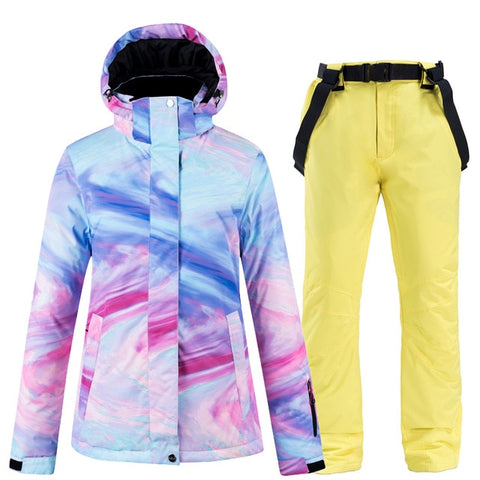 New Colorful Snow Suit Wear Women's Snowboard Clothing Winter Waterproof Thicken Costumes Outdoor Ski Jacket + Snow bibs Pants