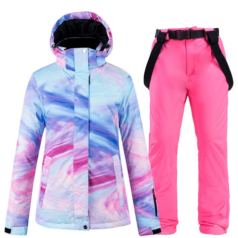 New Colorful Snow Suit Wear Women's Snowboard Clothing Winter Waterproof Thicken Costumes Outdoor Ski Jacket + Snow bibs Pants