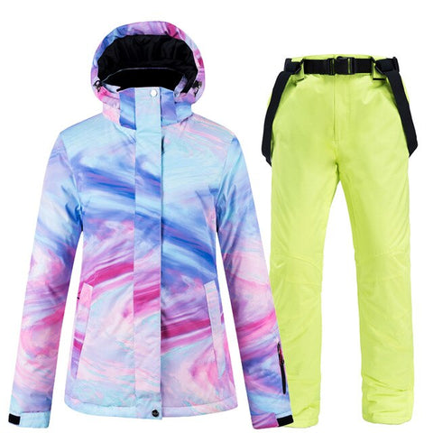 New Colorful Snow Suit Wear Women's Snowboard Clothing Winter Waterproof Thicken Costumes Outdoor Ski Jacket + Snow bibs Pants