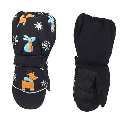 1Pair Winter New Children Print Cartoon Deer Rabbit Thickening Ski Gloves Kids Windproof Waterproof Non-slip Long-sleeved Mitten