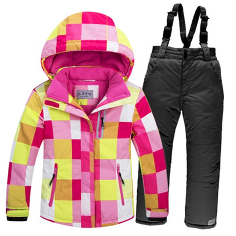 -30 Children Snow wear Outdoor ski suit set Waterproof windproof Warm Costume winter Ski jacket + bib pant for boys and girls