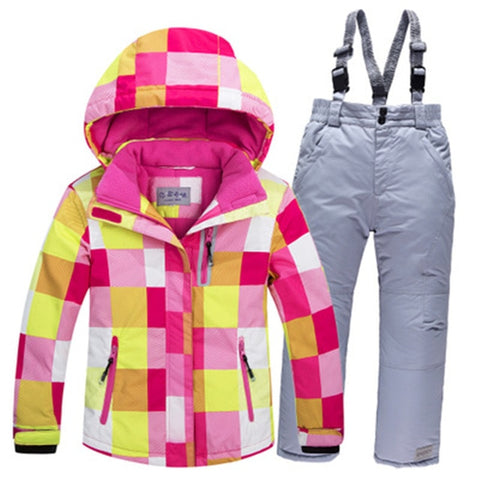 -30 Children Snow wear Outdoor ski suit set Waterproof windproof Warm Costume winter Ski jacket + bib pant for boys and girls