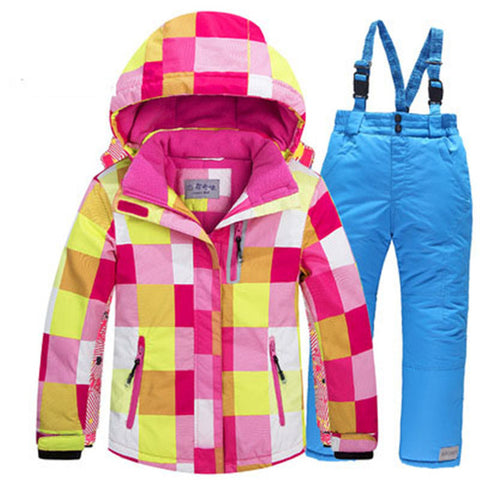 -30 Children Snow wear Outdoor ski suit set Waterproof windproof Warm Costume winter Ski jacket + bib pant for boys and girls