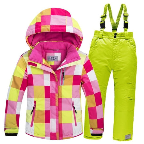 -30 Children Snow wear Outdoor ski suit set Waterproof windproof Warm Costume winter Ski jacket + bib pant for boys and girls