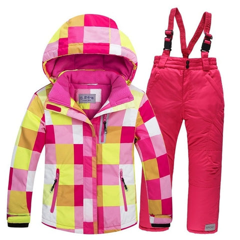 -30 Children Snow wear Outdoor ski suit set Waterproof windproof Warm Costume winter Ski jacket + bib pant for boys and girls