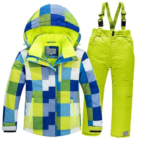 -30 Children Snow wear Outdoor ski suit set Waterproof windproof Warm Costume winter Ski jacket + bib pant for boys and girls