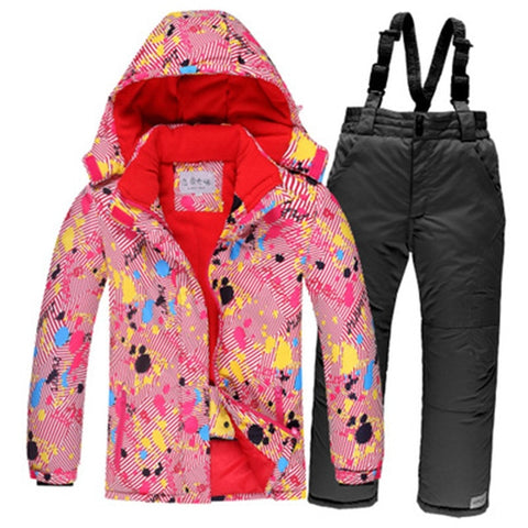 -30 Children Snow wear Outdoor ski suit set Waterproof windproof Warm Costume winter Ski jacket + bib pant for boys and girls