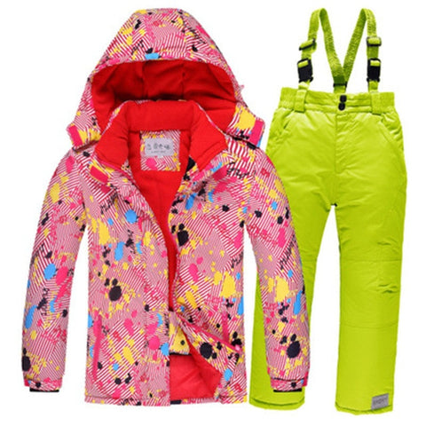 -30 Children Snow wear Outdoor ski suit set Waterproof windproof Warm Costume winter Ski jacket + bib pant for boys and girls