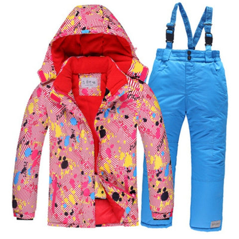 -30 Children Snow wear Outdoor ski suit set Waterproof windproof Warm Costume winter Ski jacket + bib pant for boys and girls